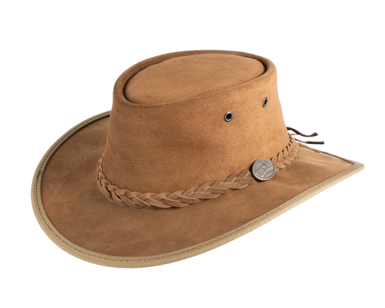 Barmah Hats Australian Suede Leather Cooler Hat Made in Australia Cocoa  Brown Mesh Crown with Cord Chin Strap Size Medium