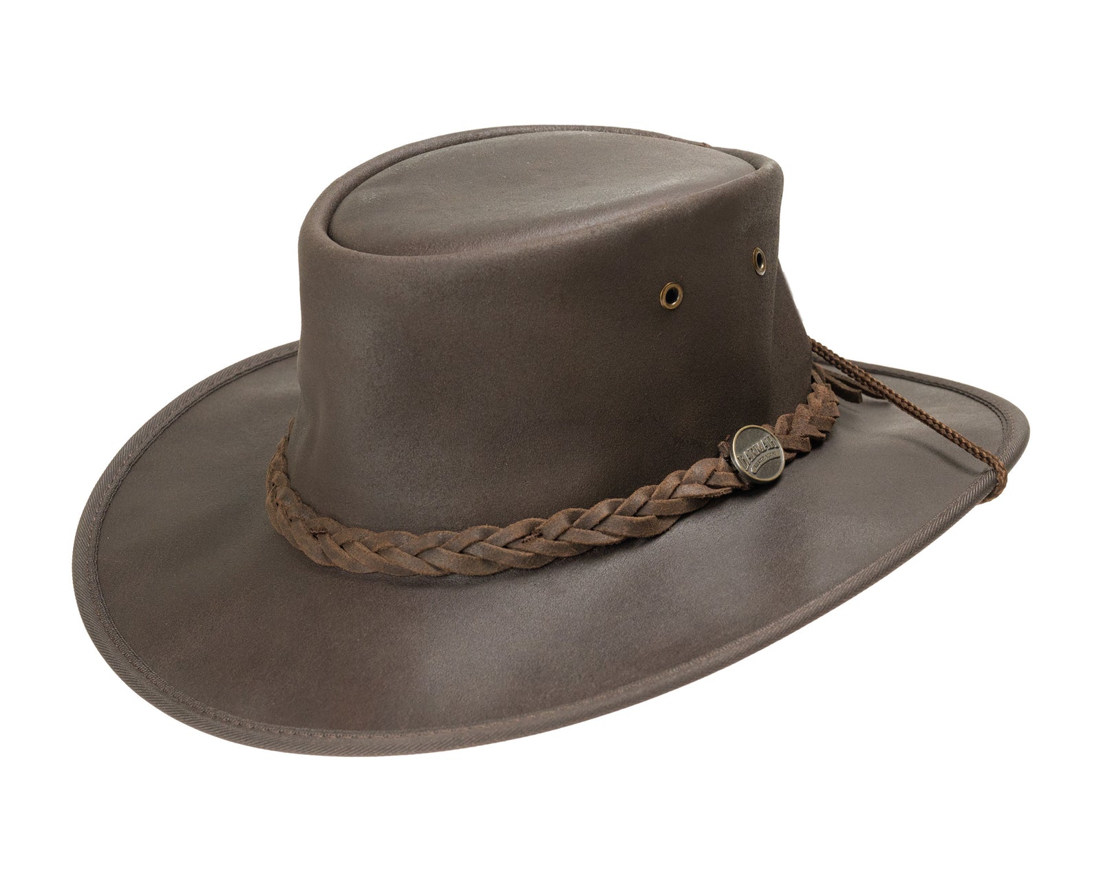 Barmah Hats Australian Suede Leather Cooler Hat Made in Australia Cocoa  Brown Mesh Crown with Cord Chin Strap Size Medium
